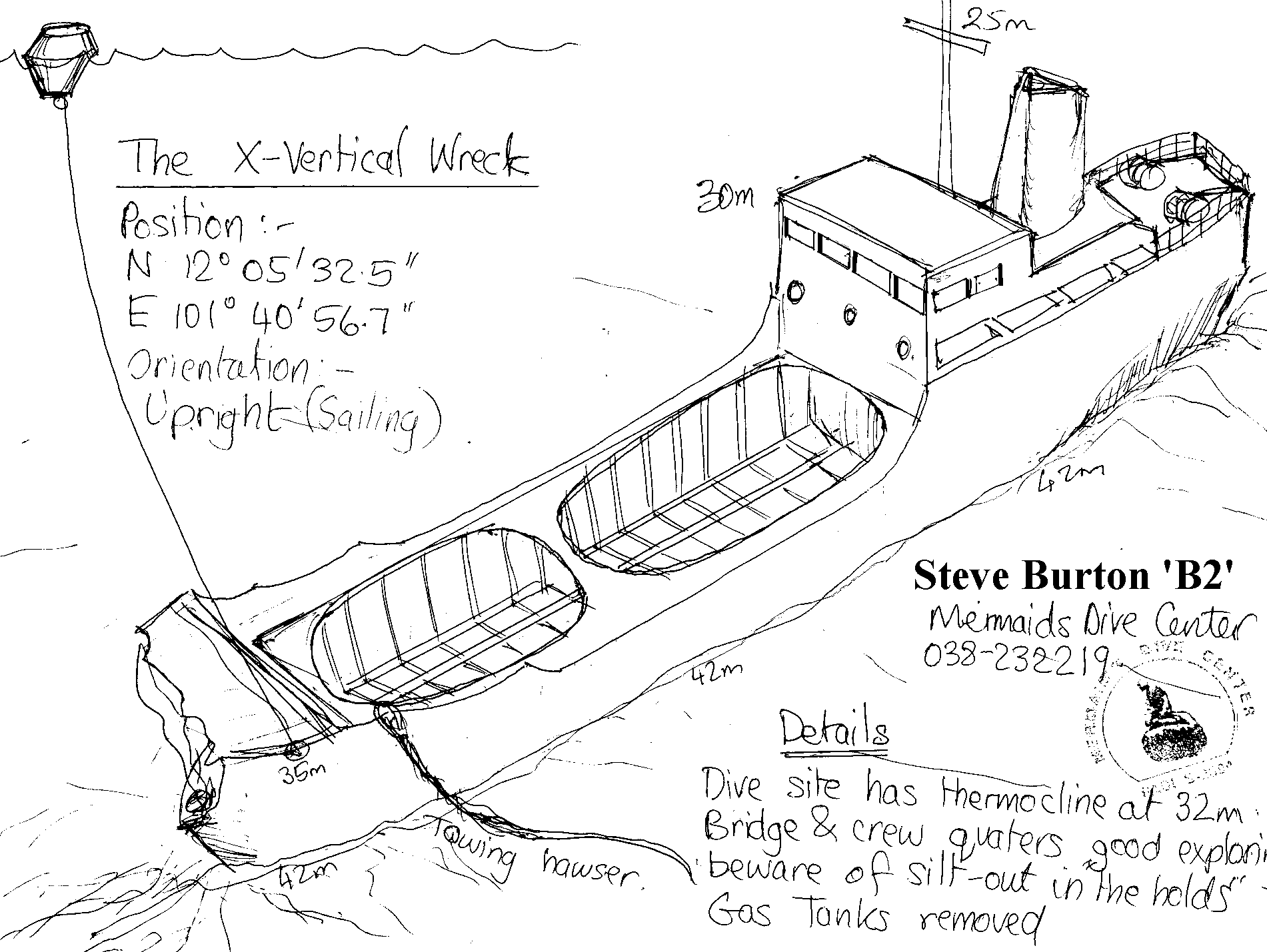 the x-vertical wreck's pak1 or koho maru-5 in it's latest position on the seabed south of ban pae beach, rayong province.